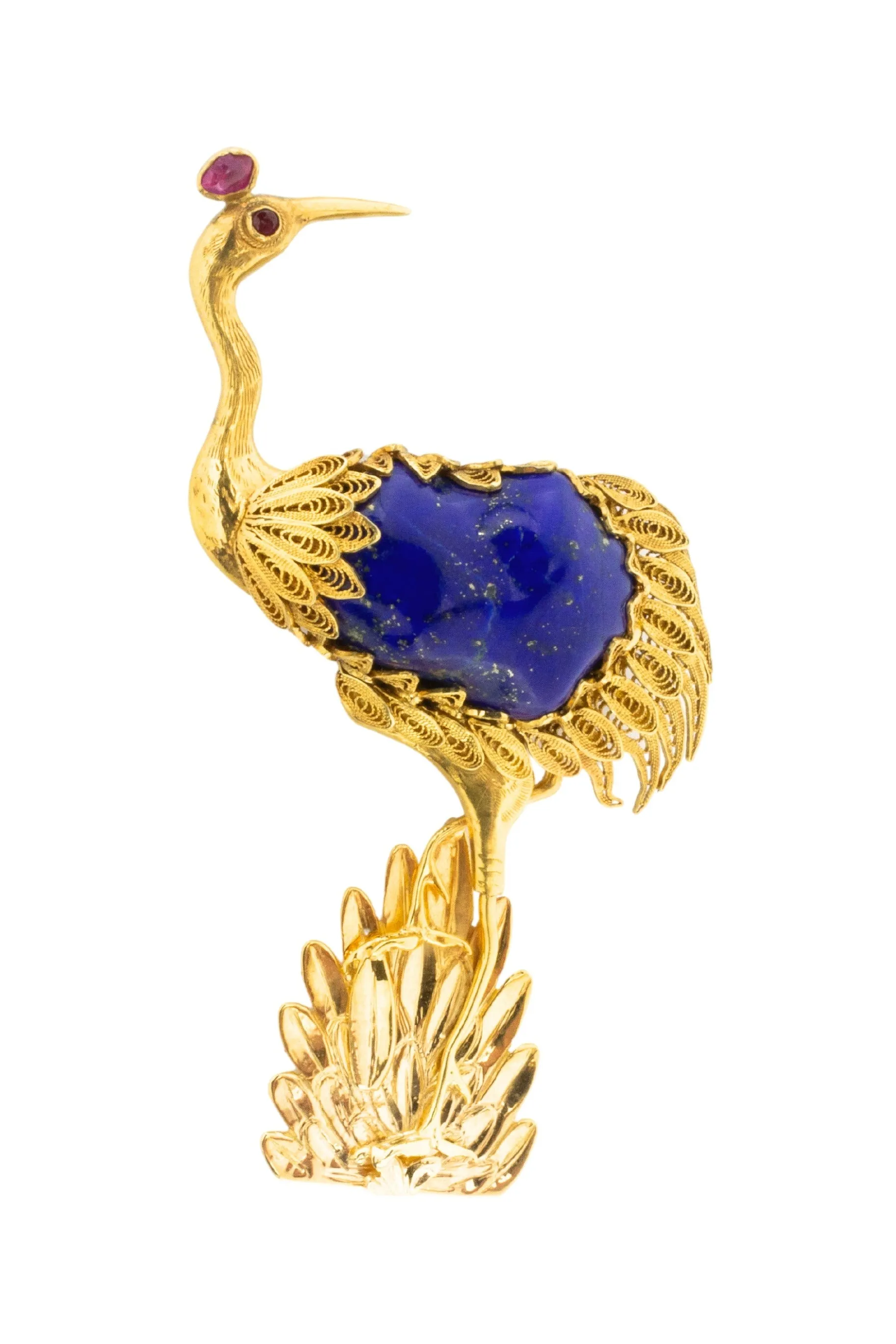 14 carat gold bird brooch with lapis lazuli, ruby and tourmaline