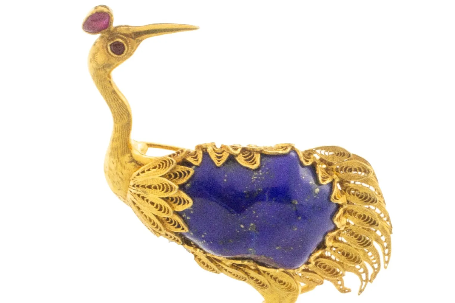 14 carat gold bird brooch with lapis lazuli, ruby and tourmaline