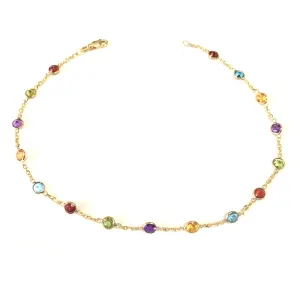 14k Yellow Gold Cable Chain Link Anklet And Alternate Round Faceted 5 Color Stones, 10"