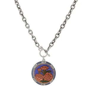 1928 Jewelry Blue and Orange Floral Enamel Medallion Toggle Pendant Necklace 20