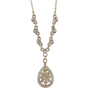 1928 Jewelry Crystal Filigree Teardrop Necklace 16"   3" Extender