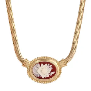 1928 Jewelry Oval Ivory Flower Carnelian Red Cameo Snake Chain Pendant Necklace 16"   3" Extender