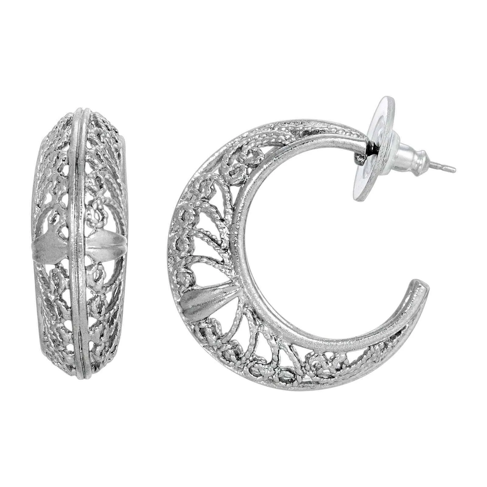 1928 Jewelry Silver Ornate Filigree Hoop Earrings