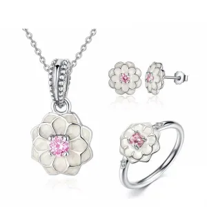 925 Sterling Silver White Flower with Pink Crystal Jewelry Set