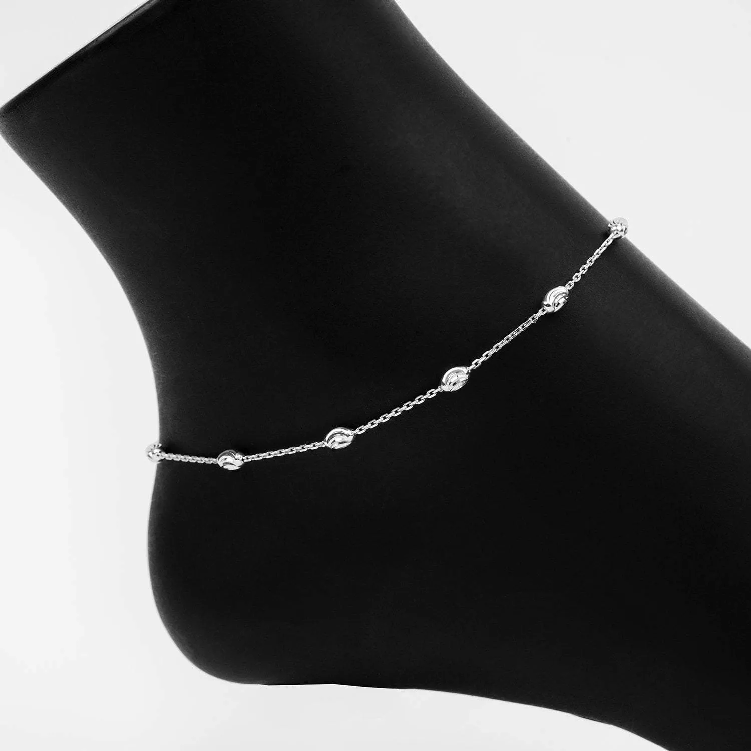 Adjustable Moon Cut Stazione Bead Anklet (Silver)