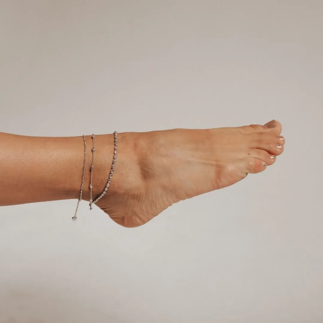 Adjustable Moon Cut Stazione Bead Anklet (Silver)