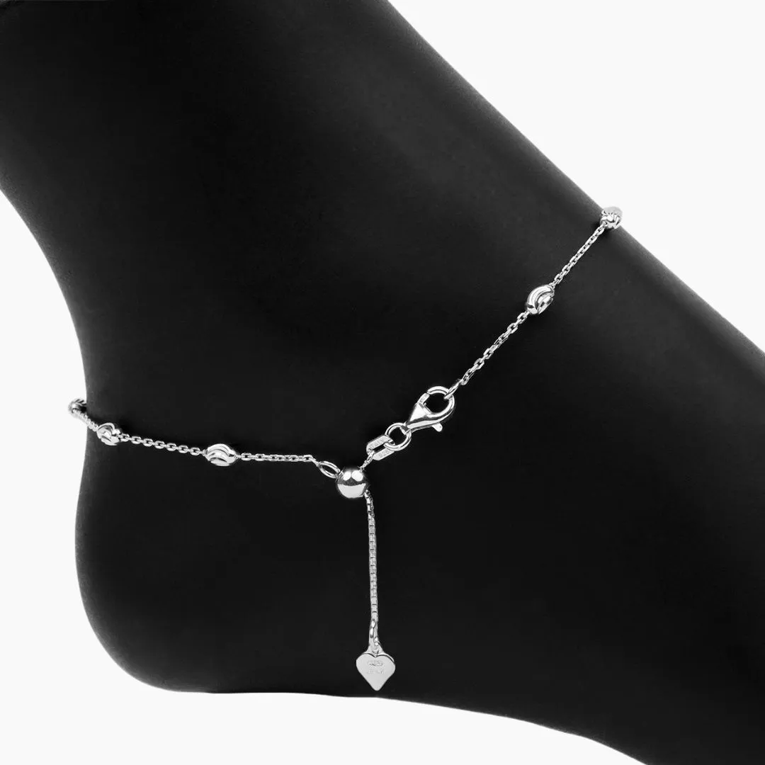 Adjustable Moon Cut Stazione Bead Anklet (Silver)