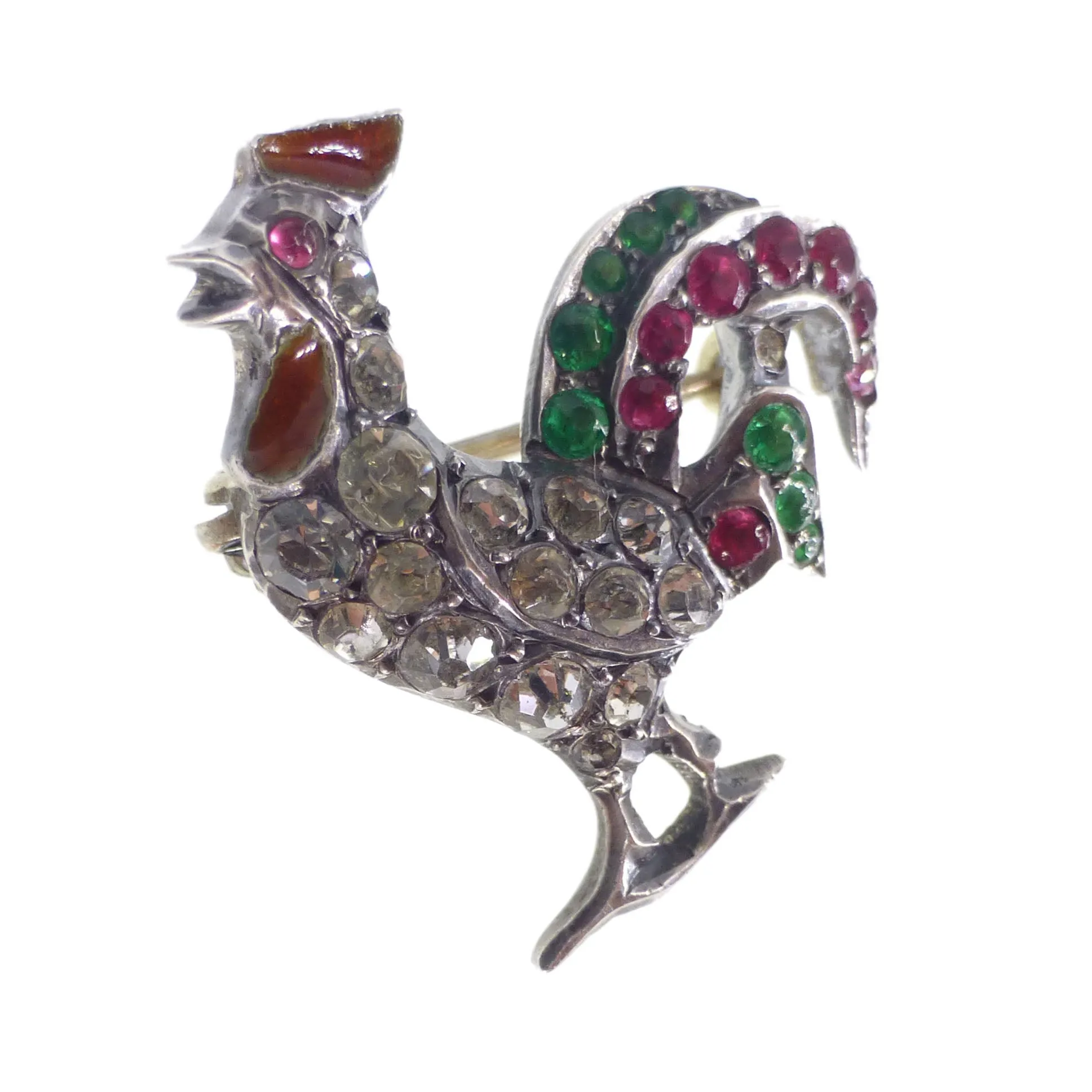 Antique Silver Paste Cockerel Brooch