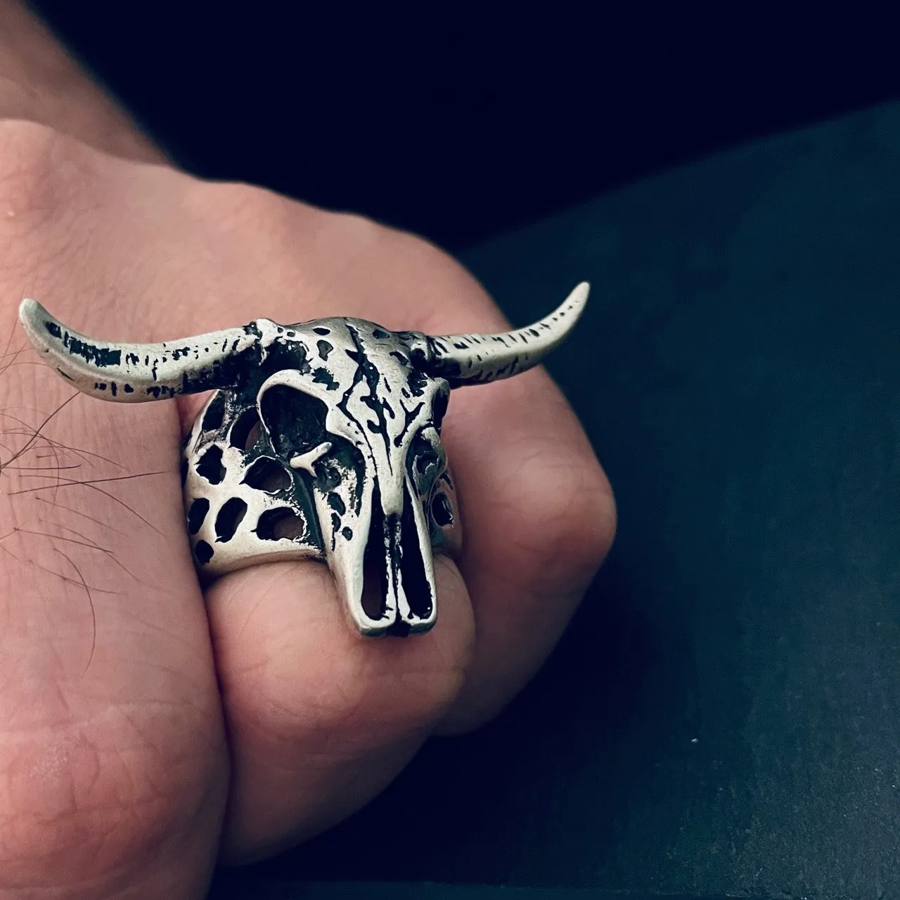 Big Bull Ring Solid Sterling Silver Oxidized Longhorn Heavy Skull