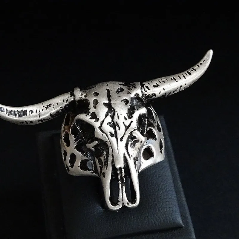 Big Bull Ring Solid Sterling Silver Oxidized Longhorn Heavy Skull