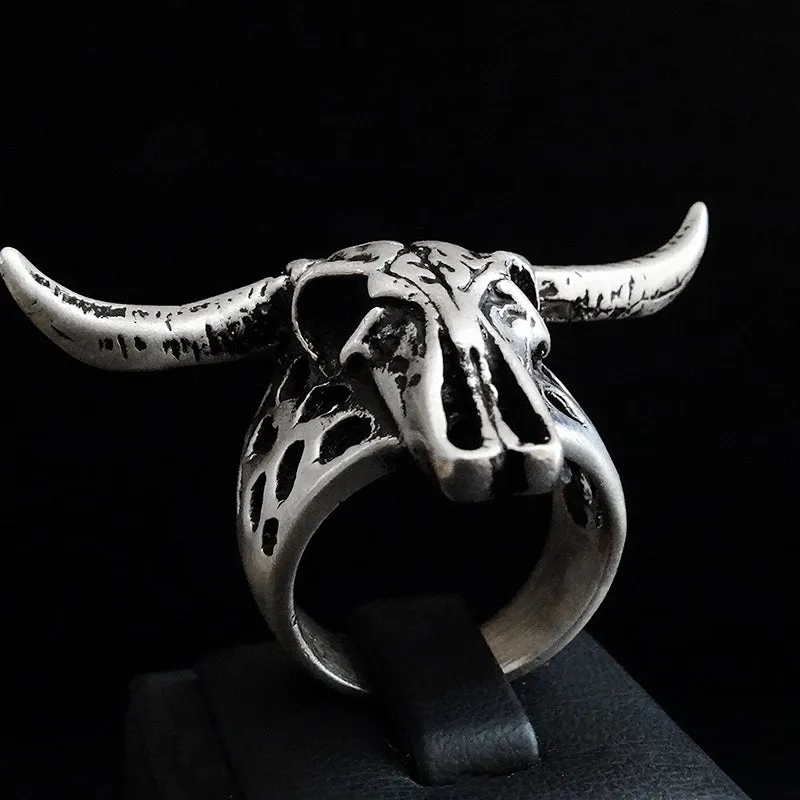 Big Bull Ring Solid Sterling Silver Oxidized Longhorn Heavy Skull