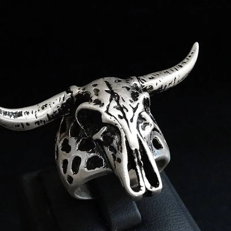 Big Bull Ring Solid Sterling Silver Oxidized Longhorn Heavy Skull