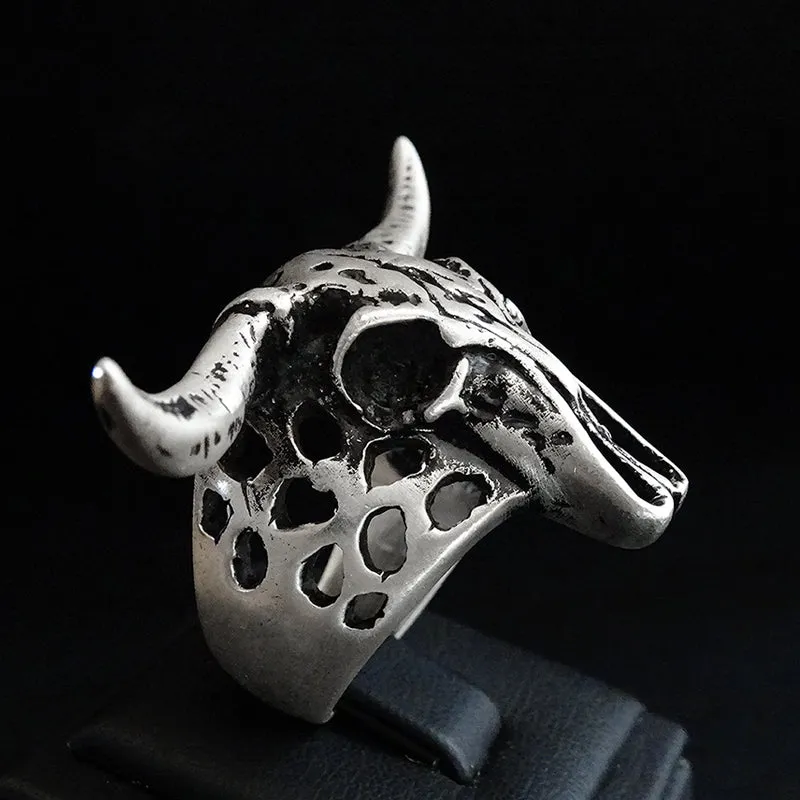 Big Bull Ring Solid Sterling Silver Oxidized Longhorn Heavy Skull