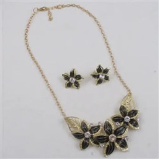 Black & Gold Flower Necklace with Gold Chain & Earrings