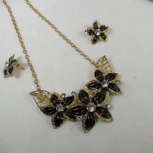 Black & Gold Flower Necklace with Gold Chain & Earrings