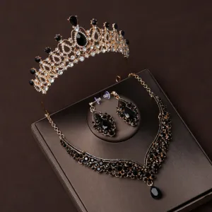 Black elegant bridal necklace and earrings set wedding crown three-piece set wedding accessorie