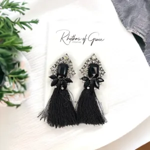 Black Fringe Earrings - Black Rhinestone Earrings, Black Earrings, Fringe Accessories