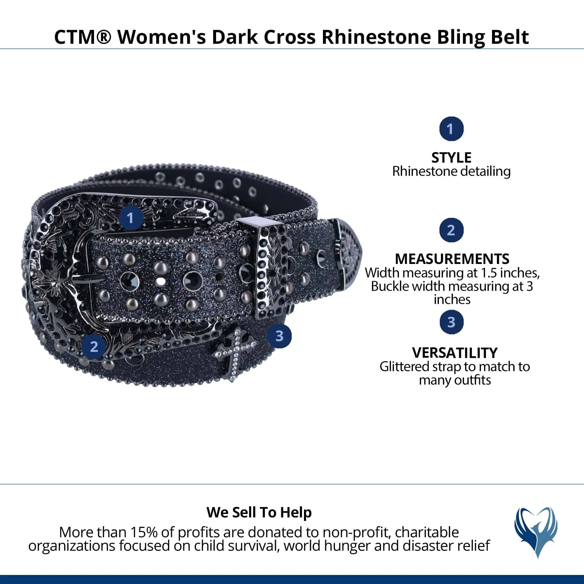 CTM® Women's Dark Cross Rhinestone Bling Belt