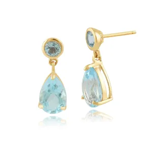 Damen 375 Gold 9ct Gelbgold Birne Topas Classic Zwei Stein Ohrhänger Blau