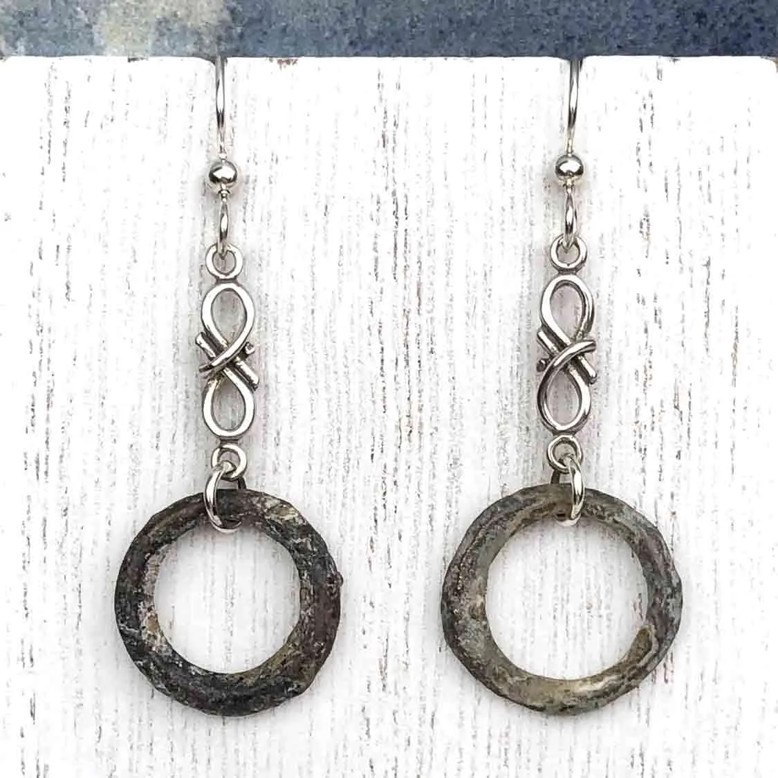 Dark Green Bronze Celtic Ring Money Earrings with Infinity Charms | Artifact #6582