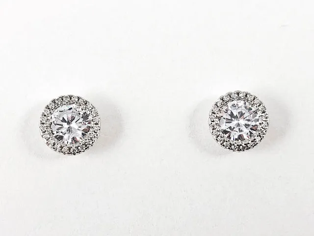 Elegant Classic Round Shape From Halo CZ Design Silver Stud Earrings