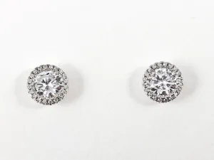 Elegant Classic Round Shape From Halo CZ Design Silver Stud Earrings