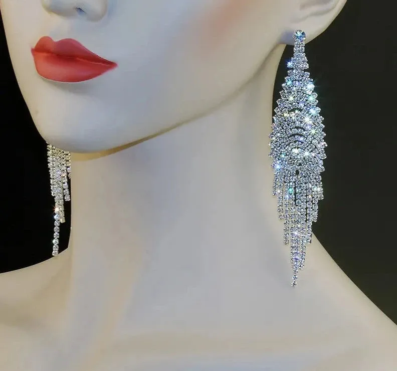 Fashion Women Luxury  Rhinestone Chandelier Long Tassel Earrings