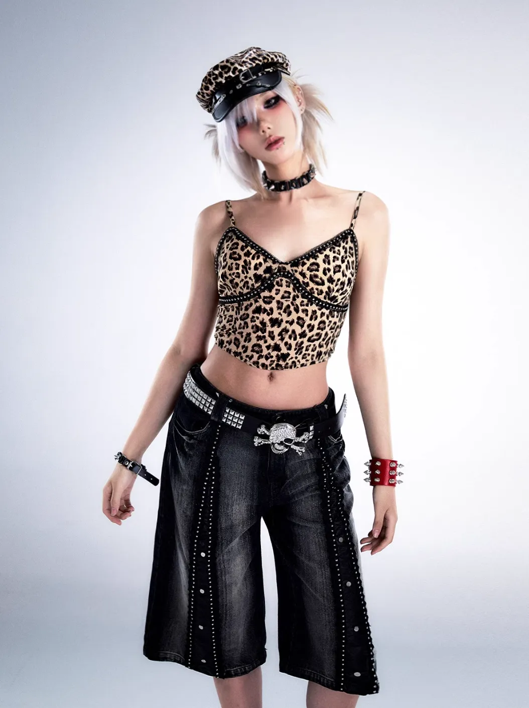 Frustration Garden Punk Rock Skull Belt - Black Leather with Metal Studs and Crossbones Buckle