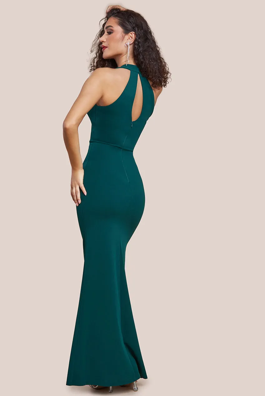 Goddiva Embellished Diamante Bow Mermaid Halter Neck Maxi Dress - Emerald