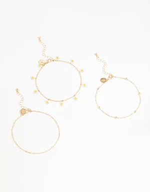 Gold Daisy & Droplet Anklets 3-Pack