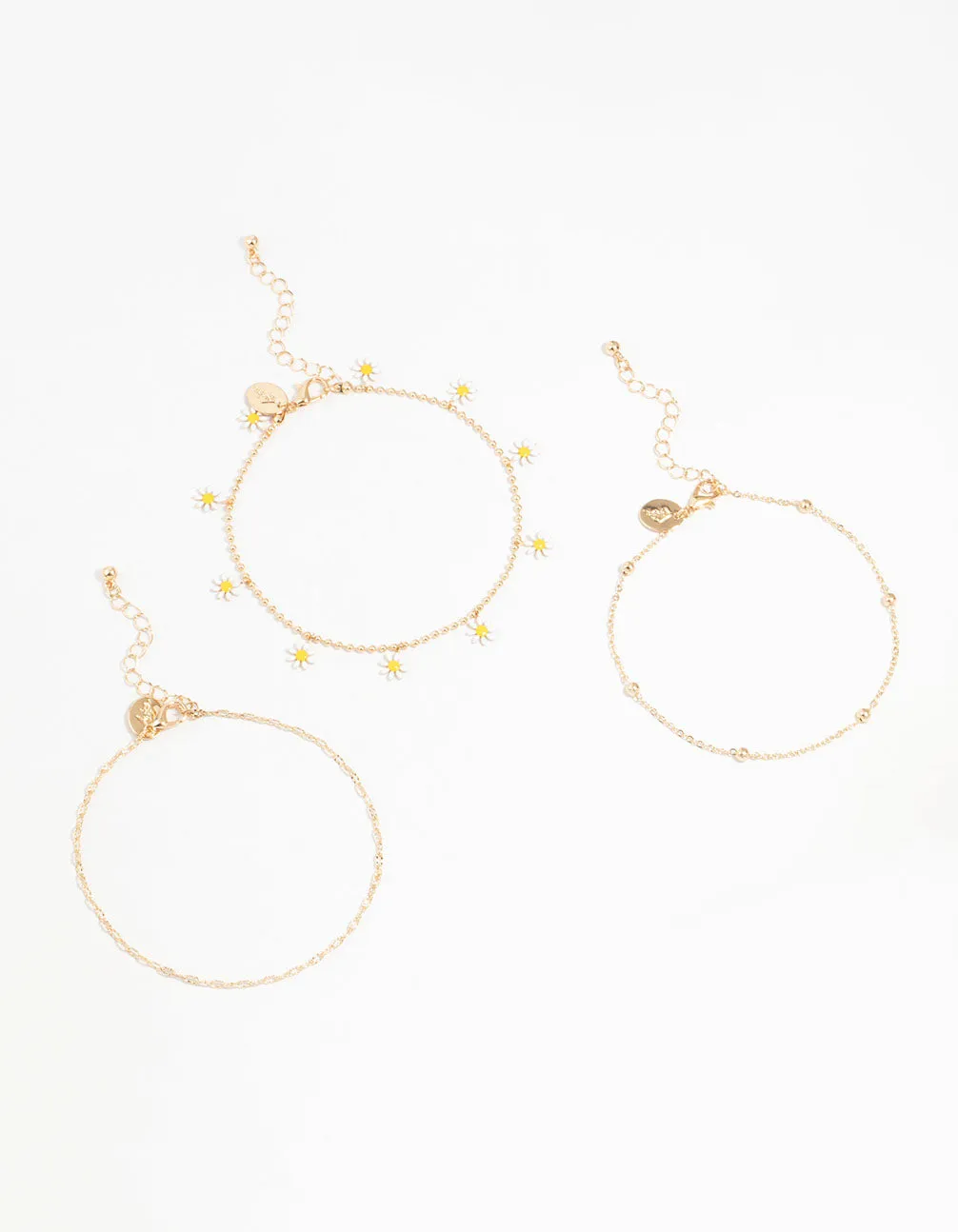 Gold Daisy & Droplet Anklets 3-Pack