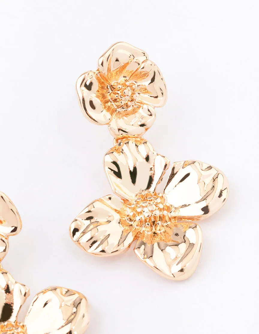 Gold Flat Flower Drop Earrings