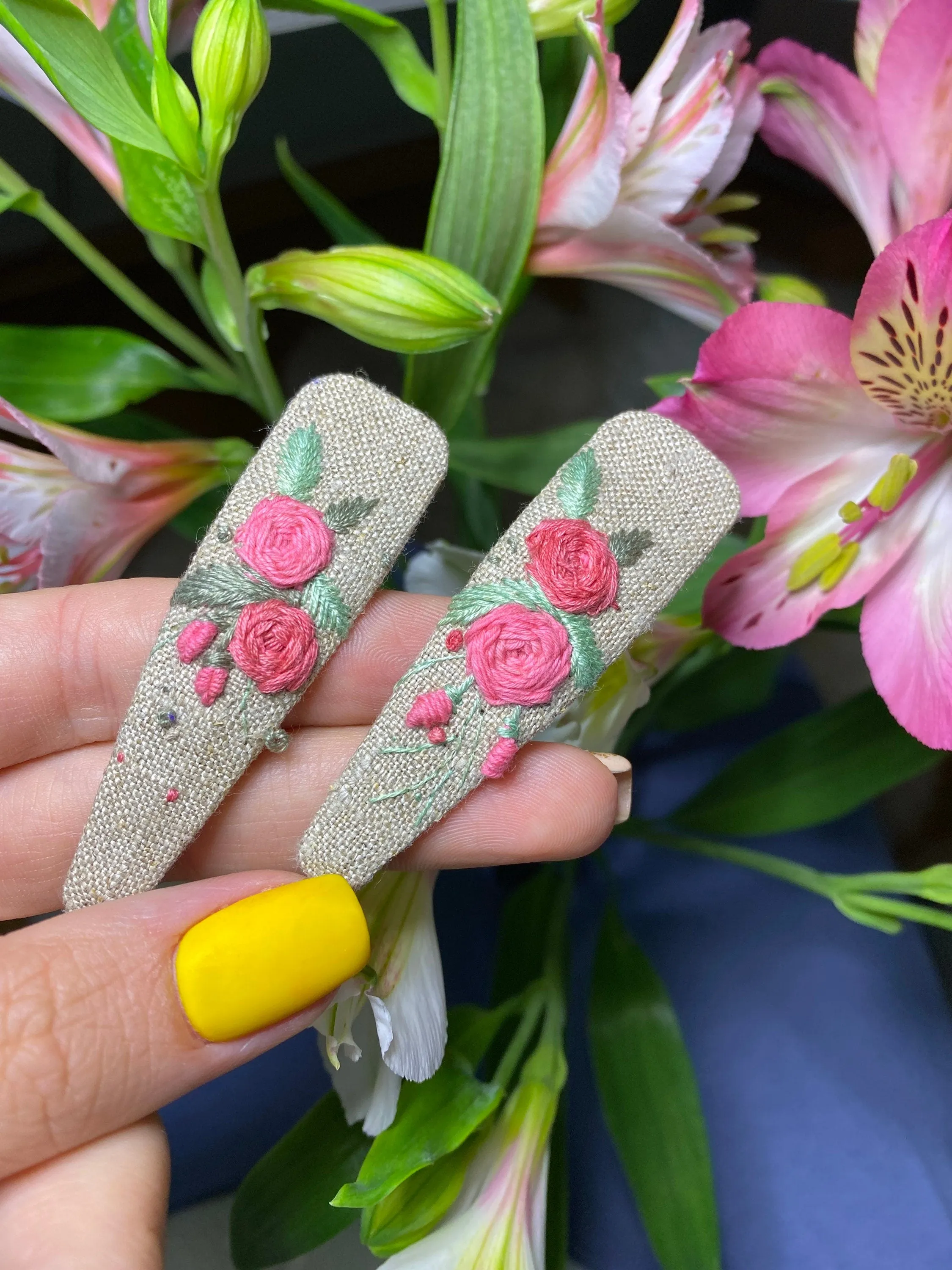 Gray Floral covered barrette set with pink flowers