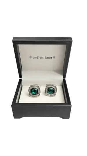 Green and clear diamonds cufflinks sliver stainless steel