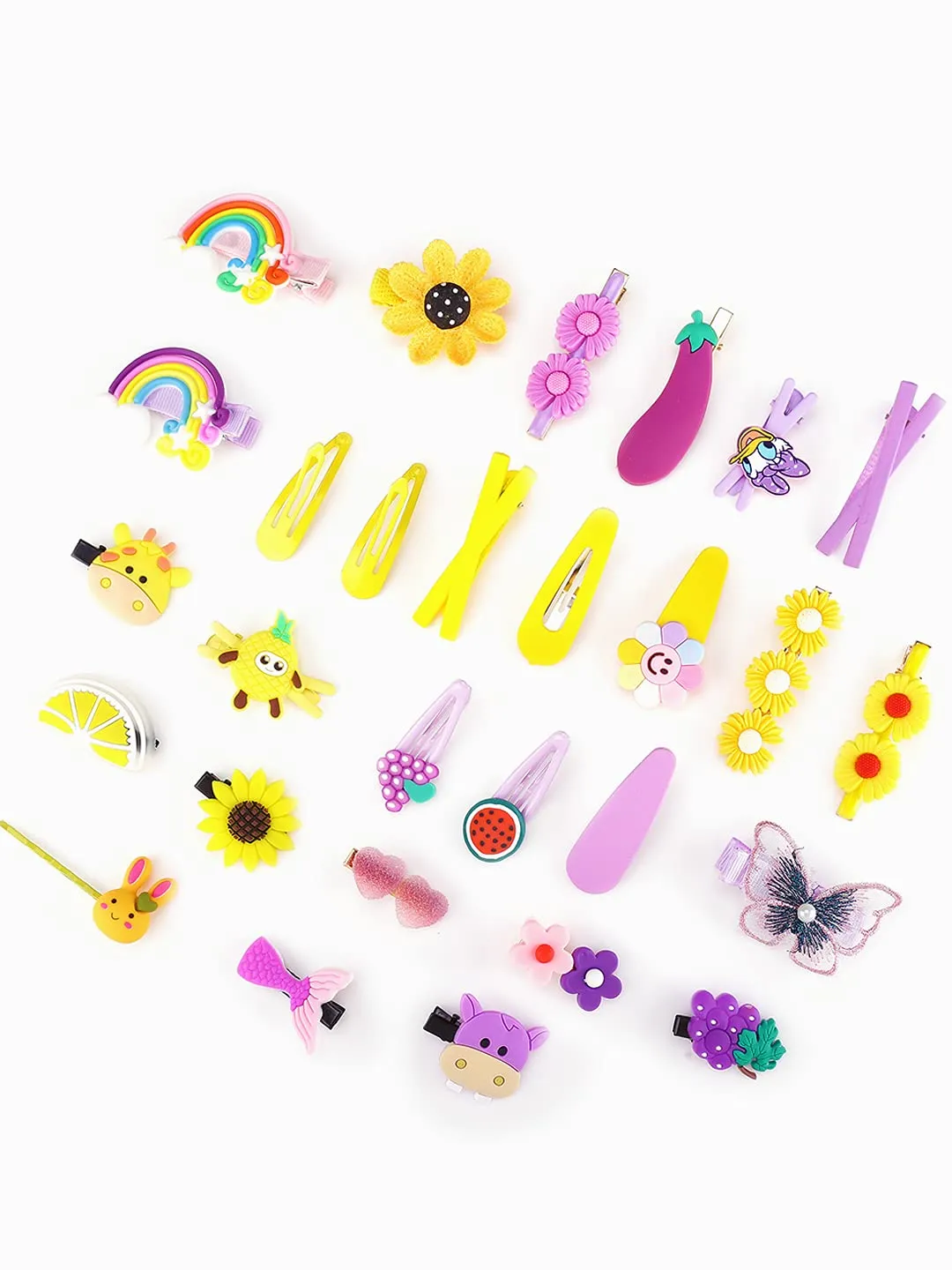 Melbees by Yellow Chimes 28 pcs Hair Clips for Kids Cute Characters Pretty Snap Hairpins Hair Accessories for Small Girls Kids (Pack of 28), Yellow, Purple, Medium (YCHACL-KD012-BNDL)