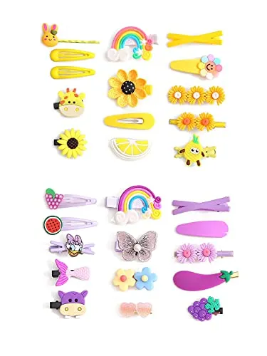 Melbees by Yellow Chimes 28 pcs Hair Clips for Kids Cute Characters Pretty Snap Hairpins Hair Accessories for Small Girls Kids (Pack of 28), Yellow, Purple, Medium (YCHACL-KD012-BNDL)