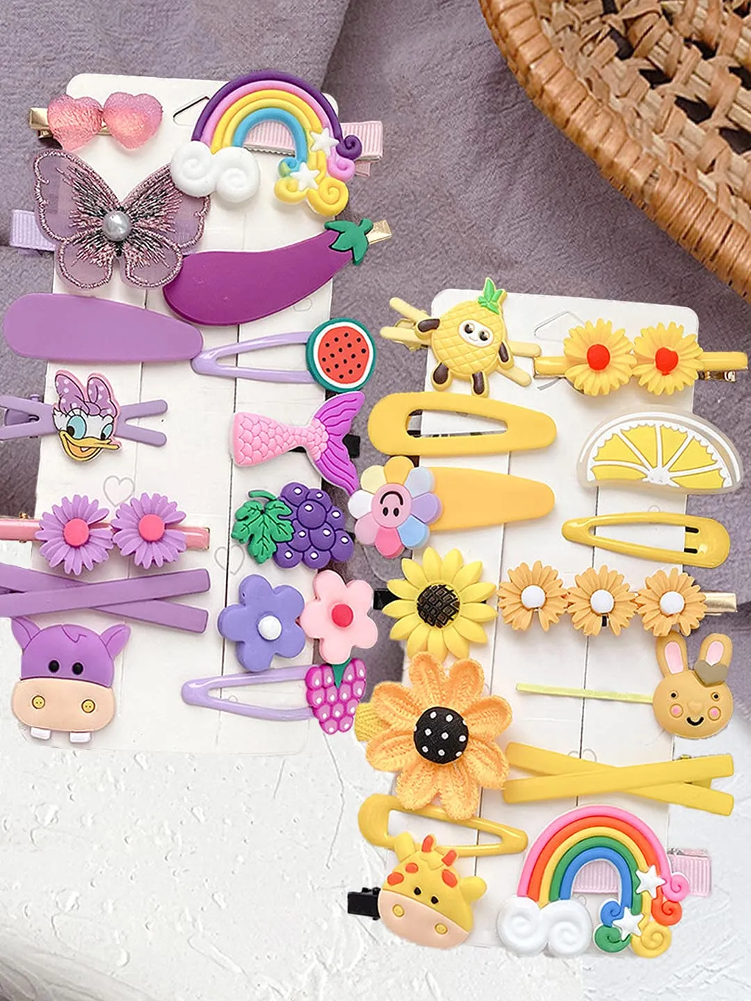 Melbees by Yellow Chimes 28 pcs Hair Clips for Kids Cute Characters Pretty Snap Hairpins Hair Accessories for Small Girls Kids (Pack of 28), Yellow, Purple, Medium (YCHACL-KD012-BNDL)