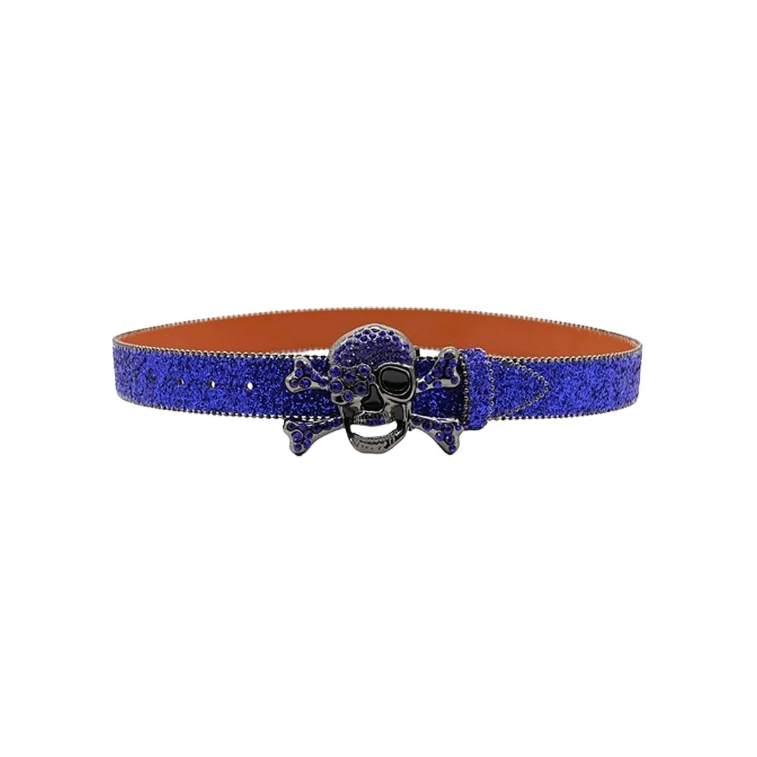 Metal Skull Buckle Shiny Blue Strap Belt