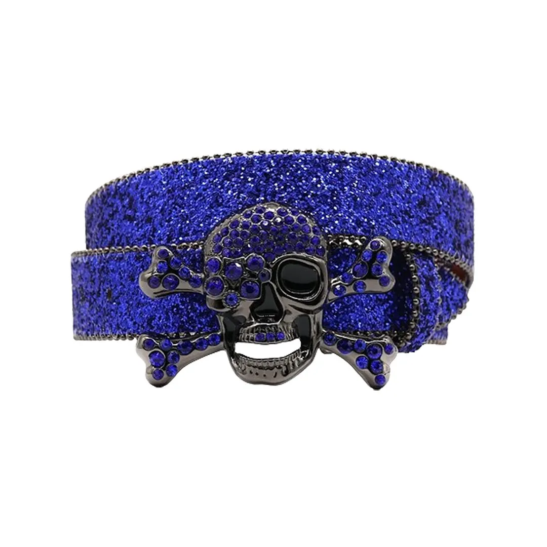 Metal Skull Buckle Shiny Blue Strap Belt