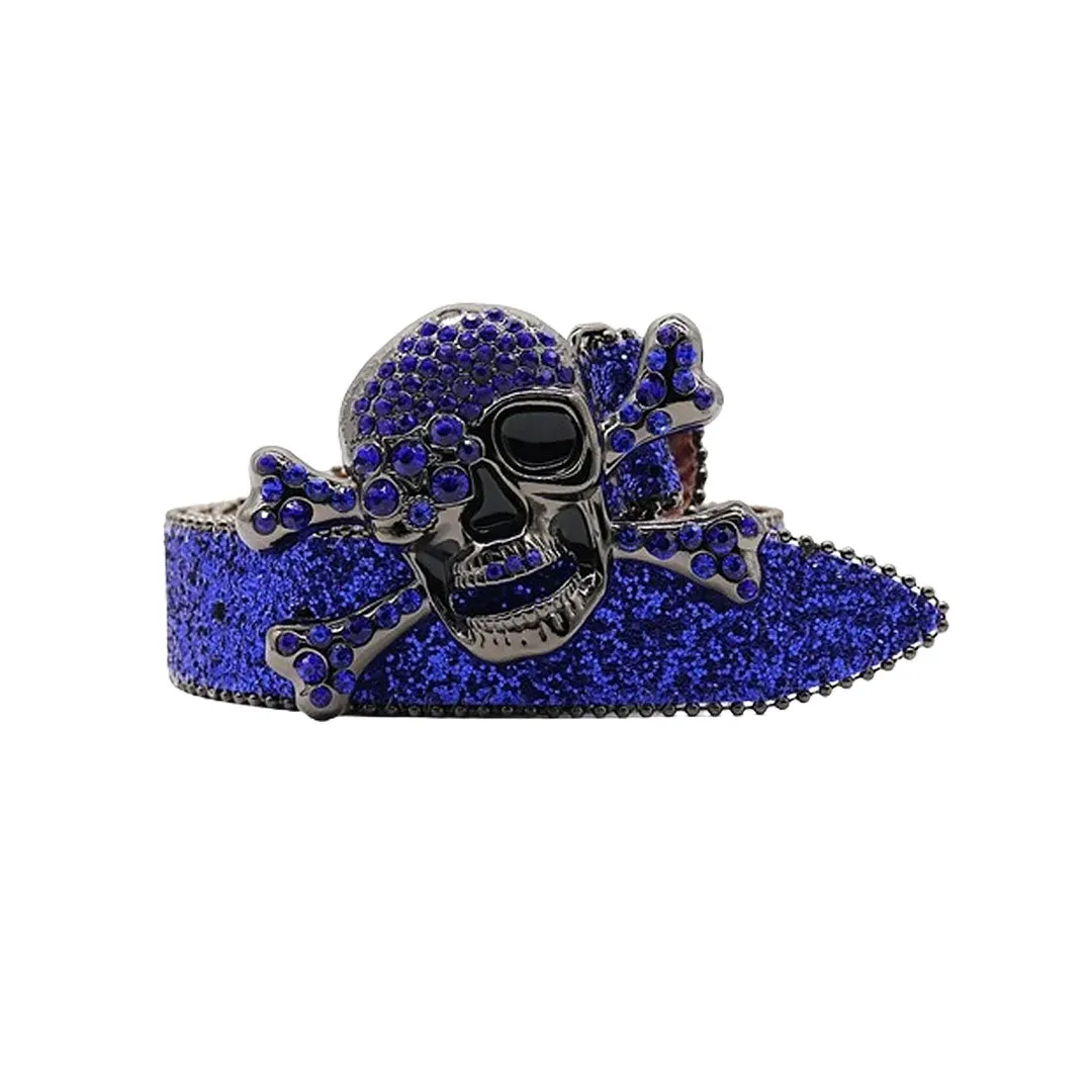 Metal Skull Buckle Shiny Blue Strap Belt