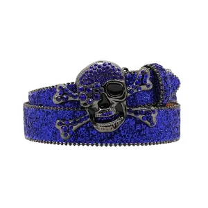 Metal Skull Buckle Shiny Blue Strap Belt