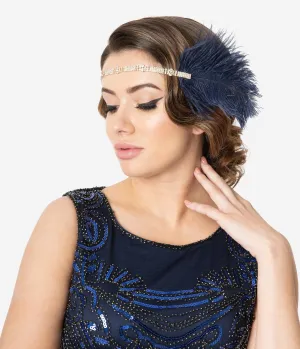 Navy Blue Feather & Silver Rhinestone Anastasia Flapper Headband