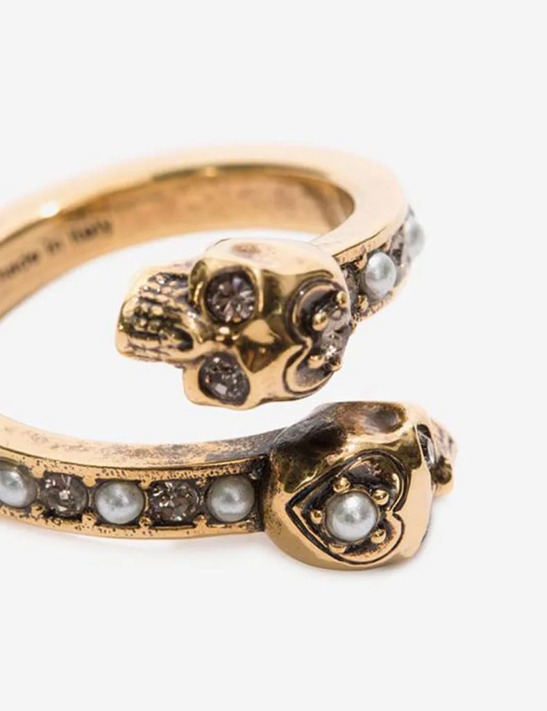 Pearl Band Twin Skull Ring, Gold