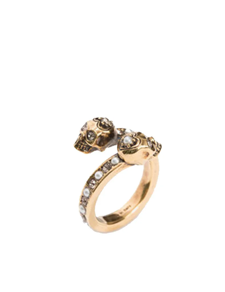 Pearl Band Twin Skull Ring, Gold