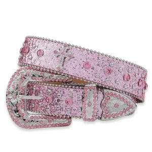 Pink Cross-rivet Rhinestone Belt Sparkles Rock Inlaid Leather Belt