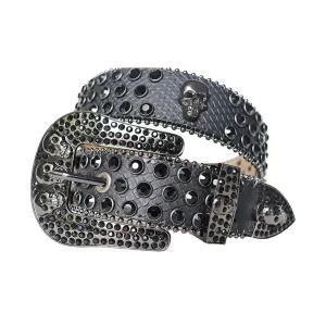 Rhinestone Black Belt With Charcoal Snake Texture Strap and Skull Buckles