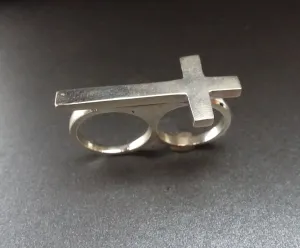 RING SILVER CROSS TWO FINGERS