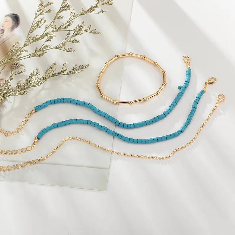 Set of Five Boho Shell Blue Beaded Anklets