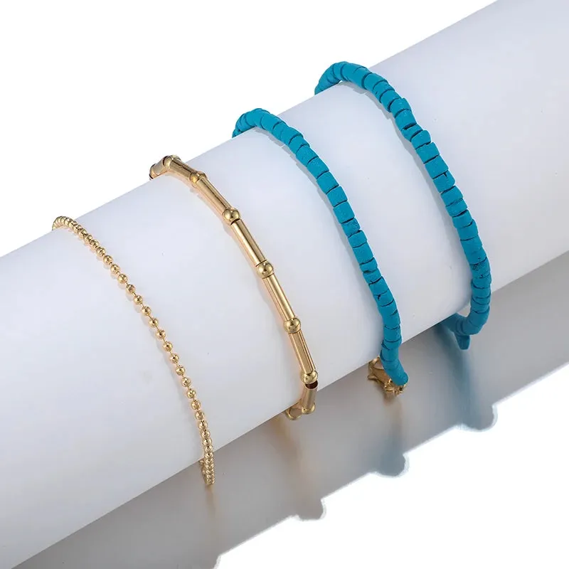 Set of Five Boho Shell Blue Beaded Anklets