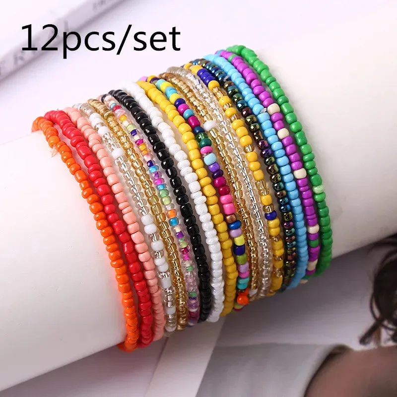 Set of Twelve Boho Colourful Rice Bead Anklets